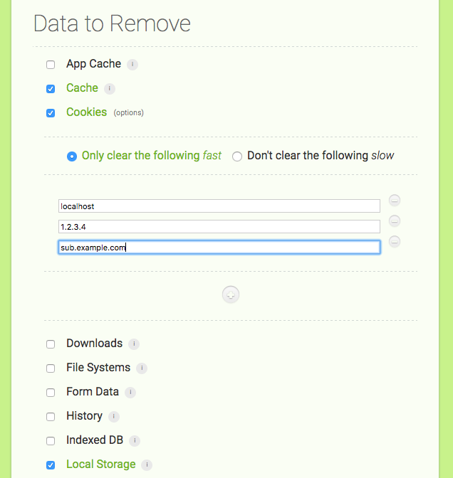 Clear Cache Example Settings